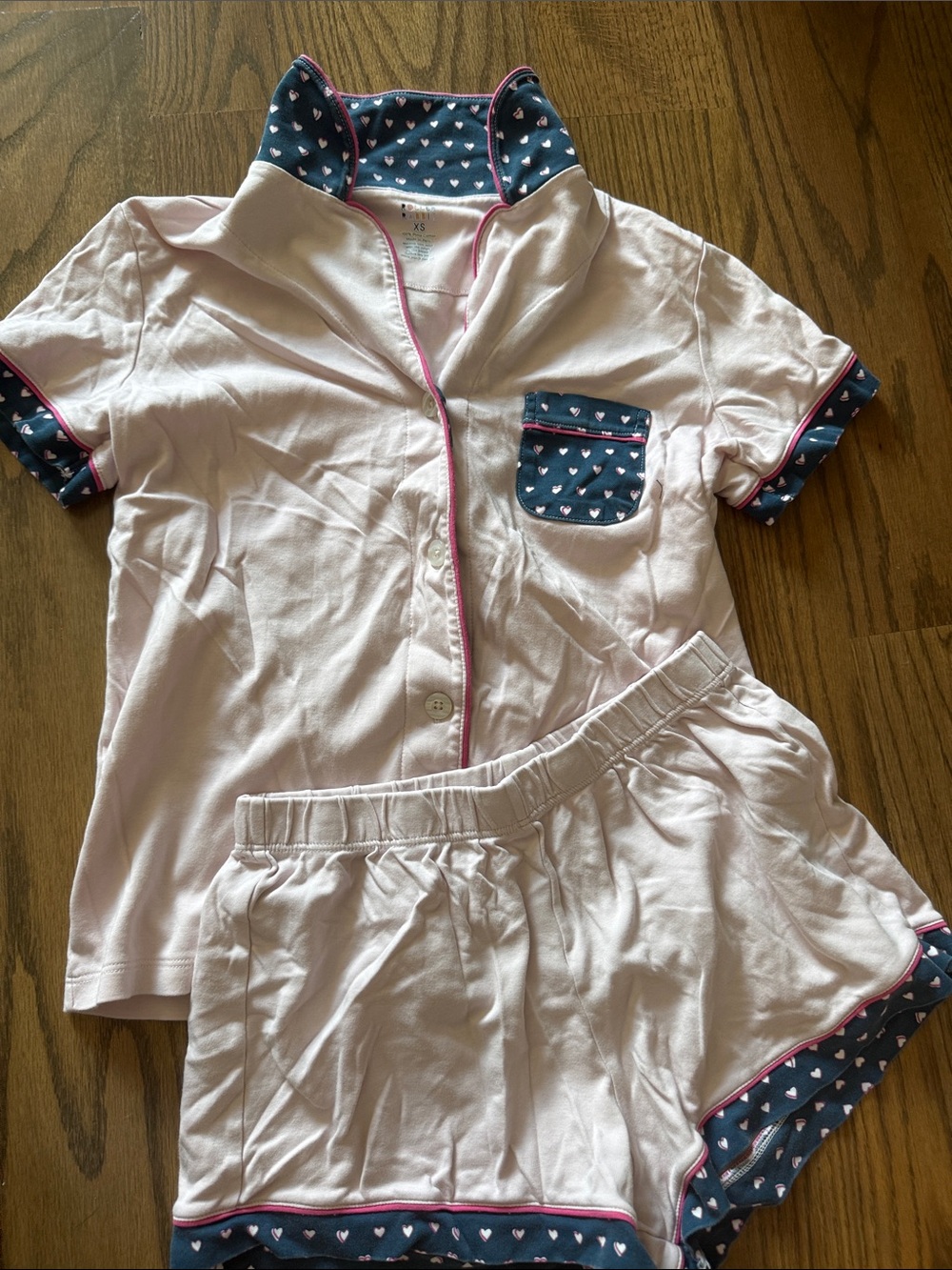 Light Pink Womens Roller Rabbit Pajama Set with Navy Heart Trim